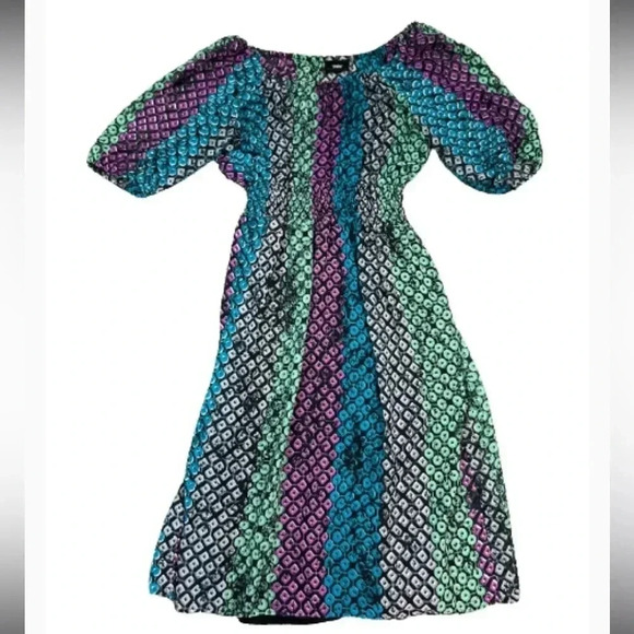 MOSSIMO sheer midi dress colorful green blue print puff sleeve size XS - Picture 3 of 11